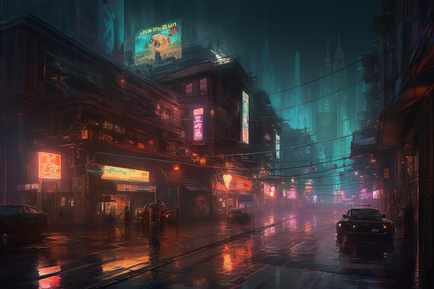 Una strada cittadina con un cartello che dice "cyberpunk".