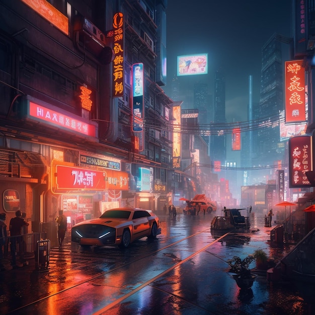 Una strada cittadina con un'insegna al neon che dice "cyberpunk".