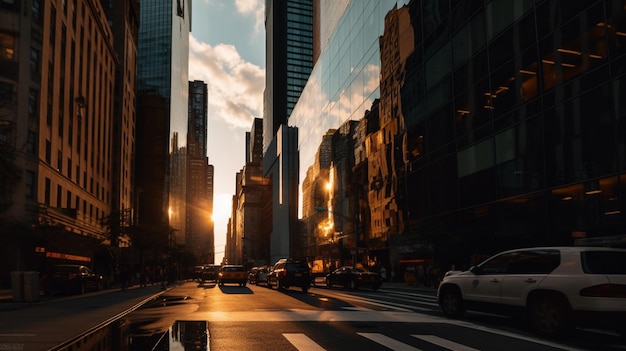 Una strada cittadina con un tramonto e un'auto in primo piano