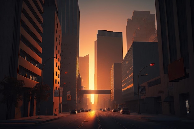 Una strada cittadina con un tramonto sullo sfondo
