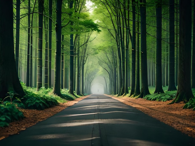 Una strada con alberi su entrambi i lati e il sole che splende sul lato destro.