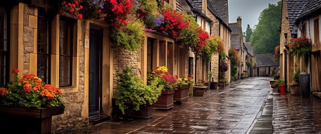 una strada con fiori e piante sulle finestre