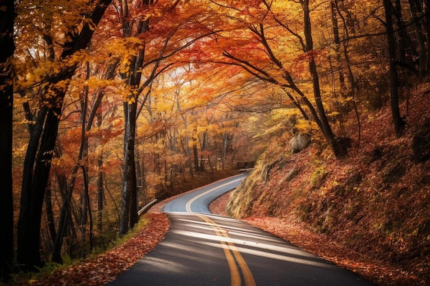 Una strada con foglie autunnali nella foresta
