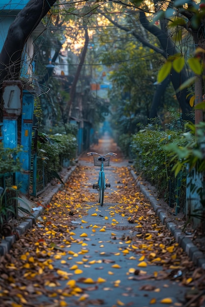 una strada con foglie e una bicicletta su di essa
