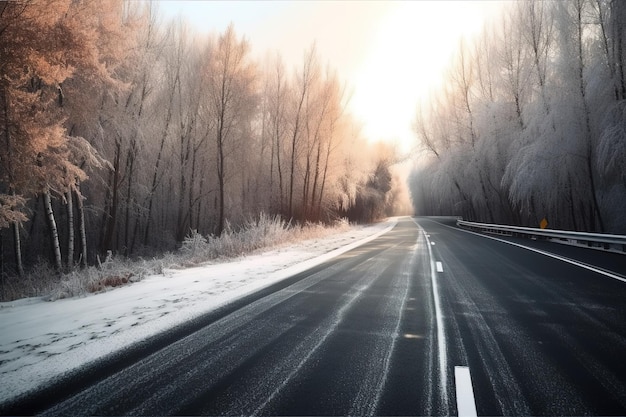 Una strada con la neve sugli alberi e il sole che splende sulla strada