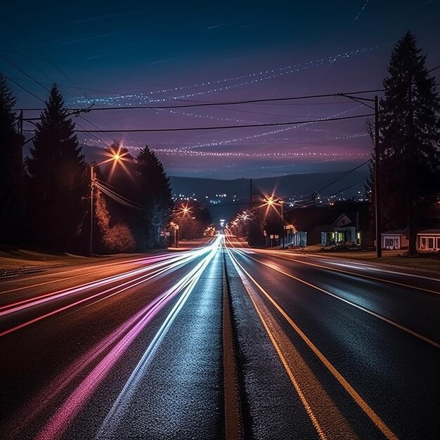 Una strada con le luci accese