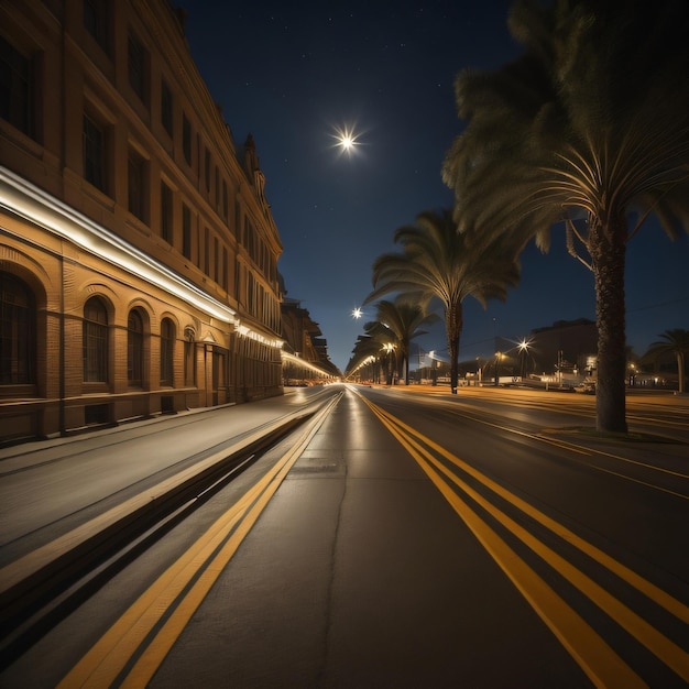 Una strada con le palme e una strada con una macchina che passa