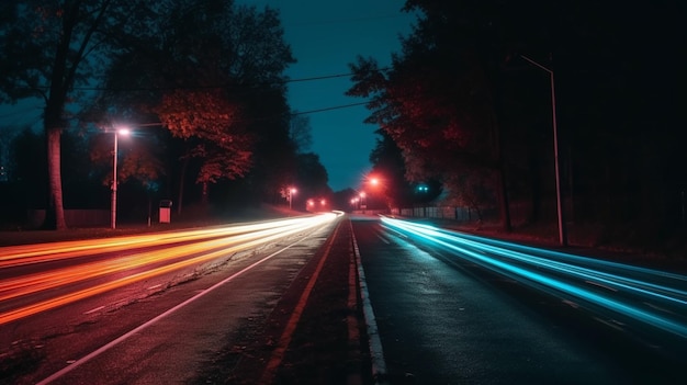 Una strada con luci accese e un'auto sulla strada