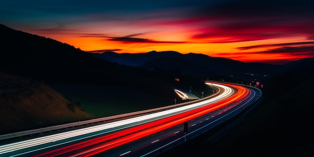 Una strada con luci accese e un tramonto sullo sfondo