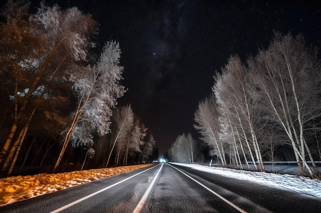 Una strada con neve sul lato e alberi sul lato sinistro