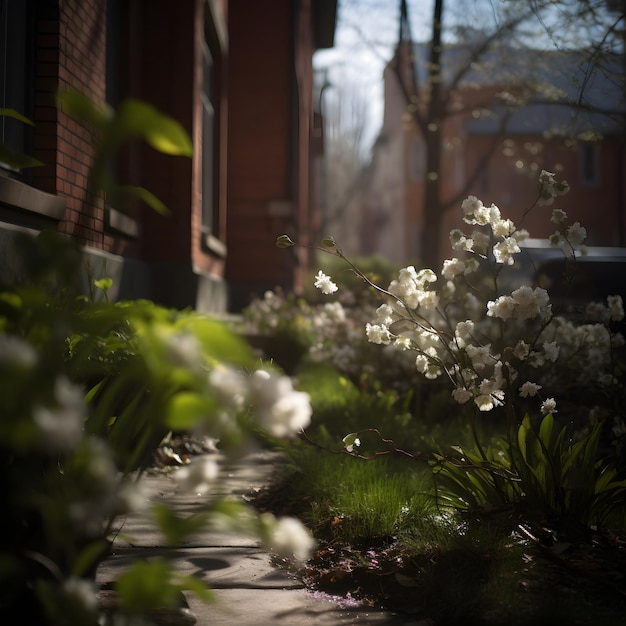 Una strada con qualche fiore bianco e un palazzo di mattoni sullo sfondo.