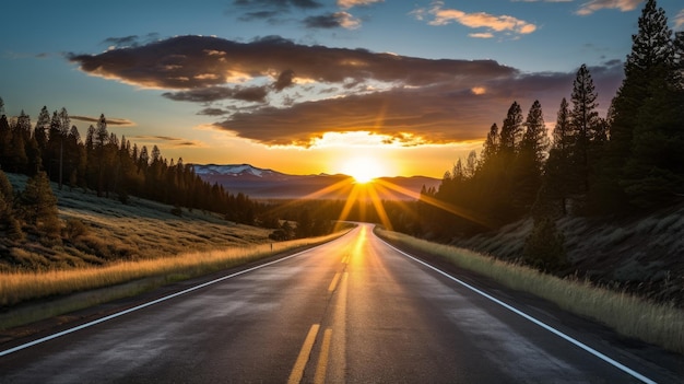 Una strada con un'alba mozzafiato all'orizzonte