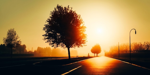 Una strada con un albero sopra e il sole sta tramontando.