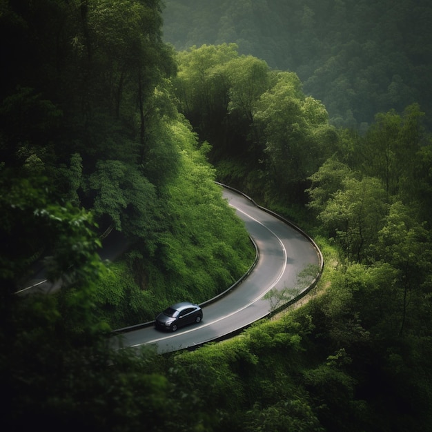 Una strada con un'auto su di essa e alberi sullo sfondo.