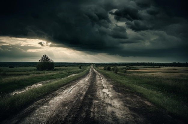 Una strada con un cielo scuro e nuvole