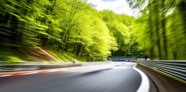 Una strada con un'immagine sfocata di una strada con alberi sullo sfondo.