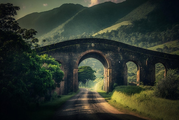 Una strada con un ponte in mezzo alle montagne