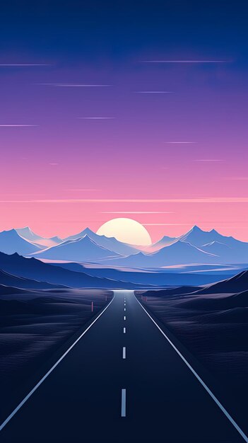 una strada con un tramonto sullo sfondo