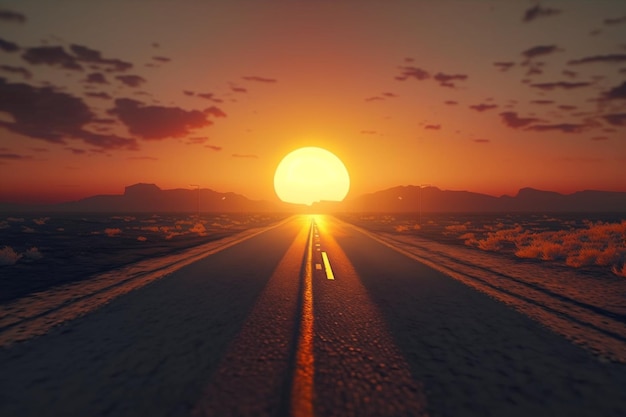 Una strada con un tramonto sullo sfondo