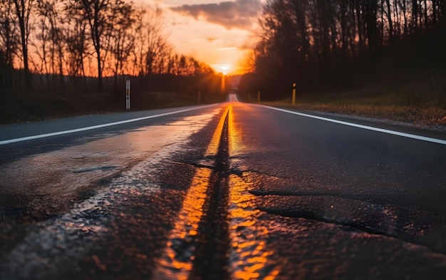 Una strada con un tramonto sullo sfondo