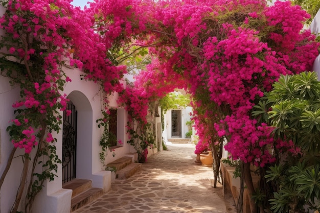 una strada con una bouganville rosa