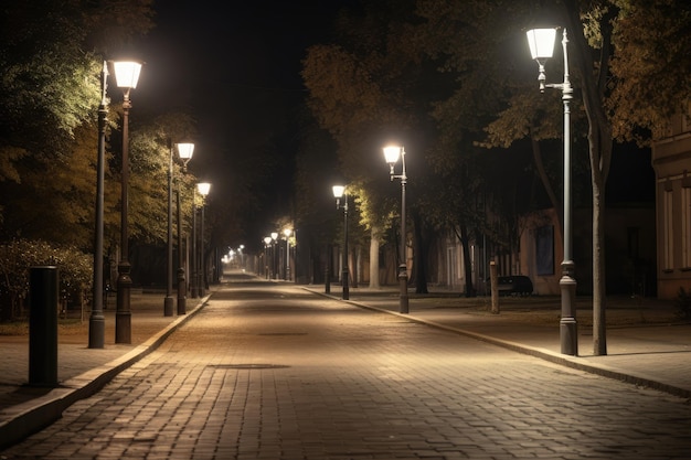 Una strada con una fila di lampioni generativi ai