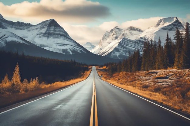 Una strada con una montagna sullo sfondo