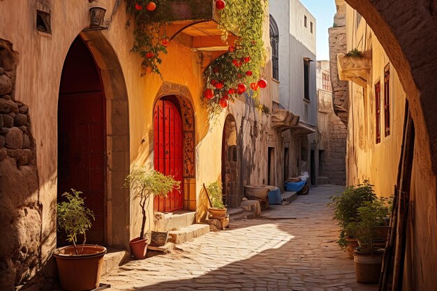 una strada con una porta rossa e una porta rossa che dice la parola su di essa