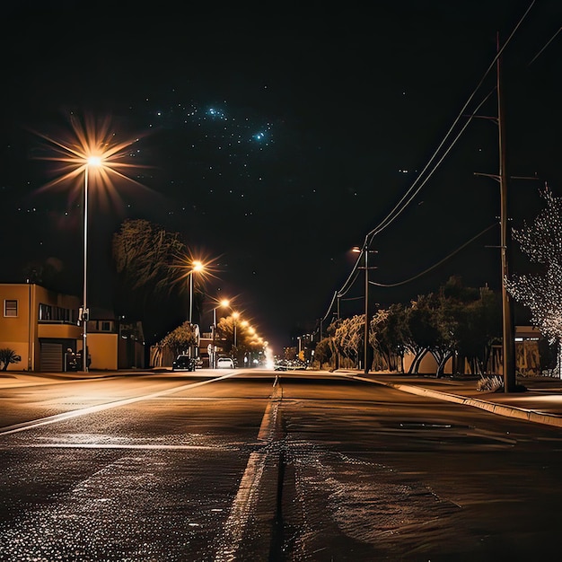 Una strada con una vista notturna della luce stradale