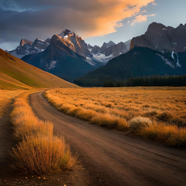 Una strada conduce a una catena montuosa con le montagne sullo sfondo.