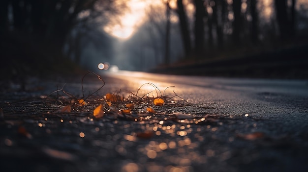 Una strada coperta di foglie e il sole che splende tra gli alberi
