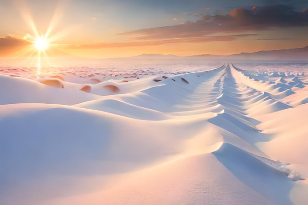 una strada coperta di neve con un sole che tramonta dietro di lei