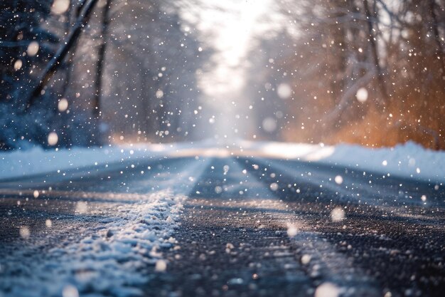 Una strada coperta di neve si snoda attraverso una fitta foresta creando un netto contrasto con il paesaggio bianco scarsi fiocchi di neve che cadono dolcemente su una pacifica strada di campagna AI generata