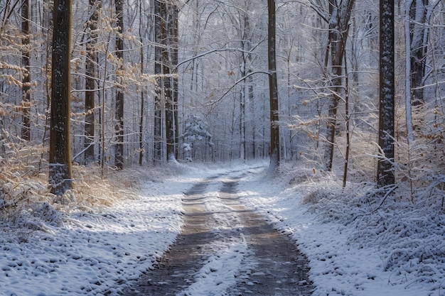 Una strada coperta di neve si snoda attraverso una fitta foresta creando una scena invernale Un sentiero attraverso il bosco appena coperto di neve