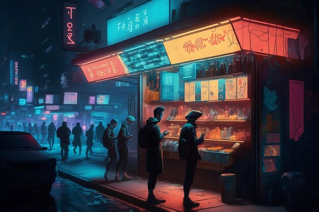Una strada cyberpunk con venditori ambulanti, luci al neon e pubblicità di realtà aumentata