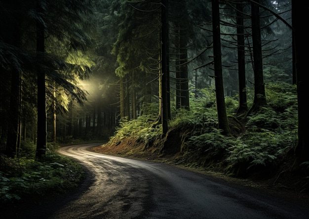 una strada delimitata nel mezzo di una foresta con una luce che splende attraverso gli alberi generatrice ai