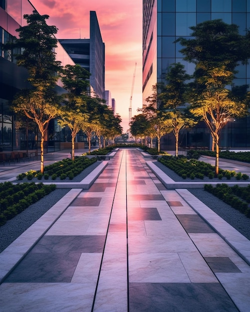 Una strada della città con alberi e un tramonto sullo sfondo.