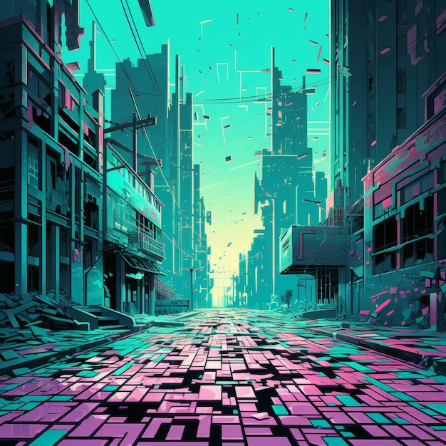 Una strada della città cyberpunk con grattacieli e luci al neon