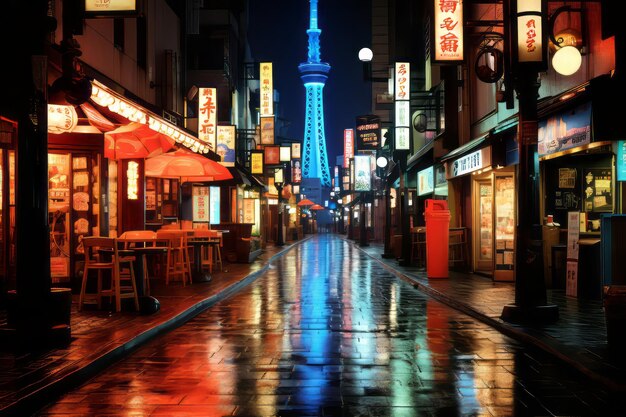 una strada della città di notte con luci al neon e una torre alta sullo sfondo