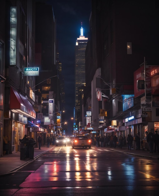 Una strada della città di notte con un taxi che la attraversa