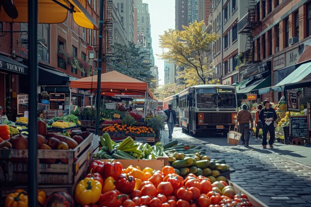 Una strada della città piena di frutta e verdura