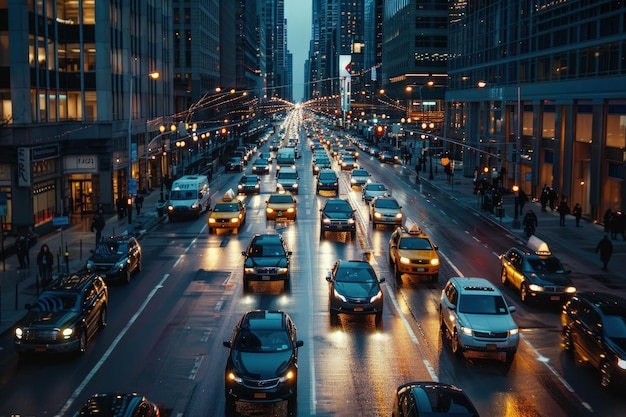 Una strada della città piena di traffico notturno