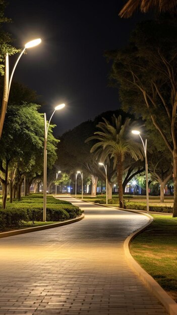 una strada deserta fiancheggiata da palme di notte