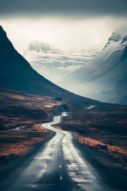 Una strada deserta in cima a una montagna in una posizione favolosa