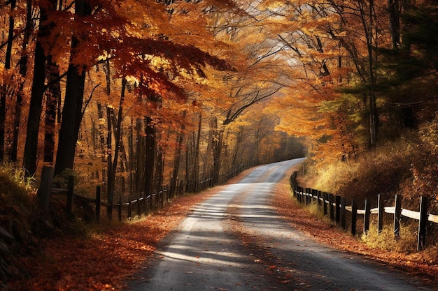 Una strada di campagna con foglie d'autunno