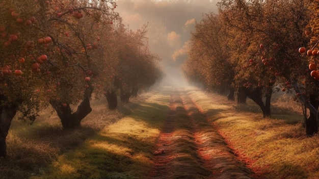 Una strada di campagna con un campo di alberi e il sole che splende sul terreno.