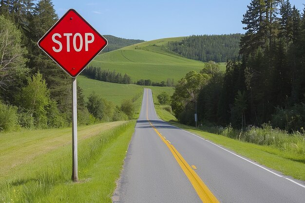 Una strada di campagna con un cartello che dice fermarsi