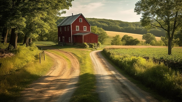 Una strada di campagna conduce a una fattoria e il sole splende all'orizzonte.