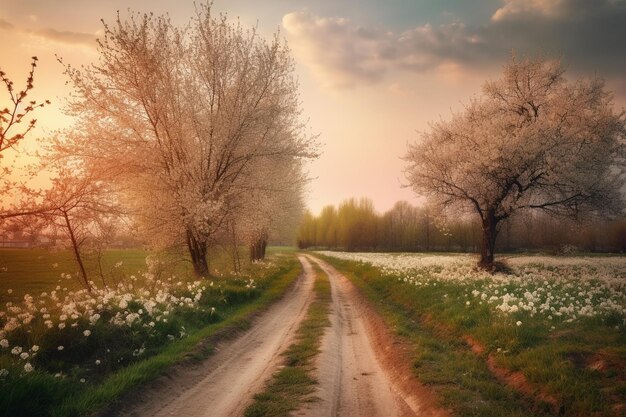 Una strada di campagna in un campo di fiori