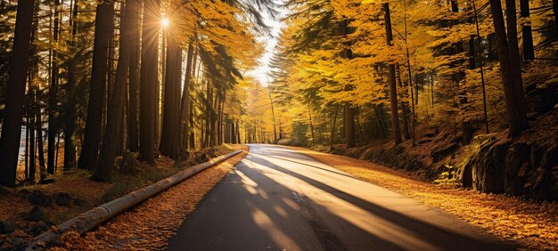 Una strada di campagna panoramica circondata da alberi nei loro colori autunnali AI Generative